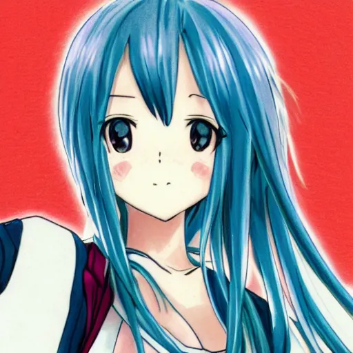 Prompt: low angle view, anime drawing of a young woman of middling height with a light complexion, hair reaches near her mid-back and forms rounded locks mainly blue in coloration, but with thin, pink-colored streaks running through, one white streak of hair over her left eye, blunt bangs fall on her forehead, split near the left, and an ahoge stands up on her head, has horns: a sharp, upward-curving pair emerging from the sides of her head, white in color, that resembles a bull\'s, eyes are large, round, fringed by long lashes, and encompass violet irises, lower face up to the nose is covered by a pink face mask with a scalloped edge, trimmed with a white stripe, wearing a long-sleeved minidress that is white and pleated above the waist, with a blue bow below a point collar, the dress\'s lower, light-blue, and non-pleated section, with a button placket in the middle, ends in a short skirt part that has a slightly ruffled hem, leaving most of Ulti\'s legs visible. Fastened on her shoulders is a darker-blue cape trimmed with light-blue fur on its edges with blue insides, which goes near the ground, and her footwear is red high heels