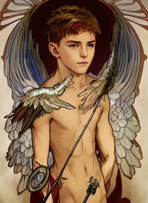 Image similar to digital character concept art by artgerm and greg rutkowski and alphonse mucha. portrait of a young 1 3 year old boy, a young god, icarus with mechanical bird wings, beautiful, holding a staff, boy, detailed, poster art, light effect, glowing, hyper detail, intricate, elegant, digital painting, artstation, smooth, sharp focus