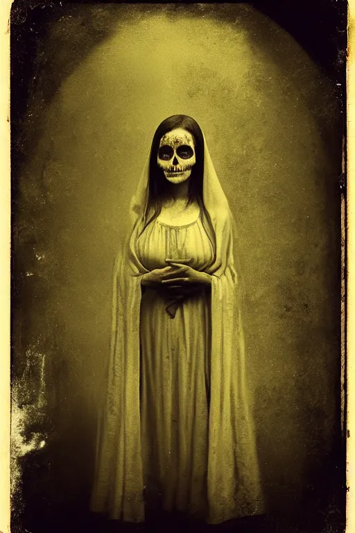 Image similar to wet collodion process, tintype virgin mary in dia de muertos dress and make up, horrific beautiful vibe, evocative, atmospheric lighting, painted, intricate, highly detailed, leesha hannigan, wayne haag, reyna rochin, ignacio fernandez rios, mark ryden, iris van herpen, stunning, gorgeous, sharp focus, cinematic, masterpiece