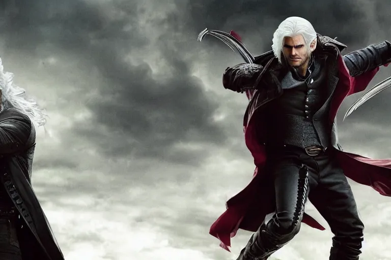 Prompt: vfx movie suave handsome grinning vampire with long white hair, trench coat, dual wielding large revolvers, leaping into the air, low gravity in a shattered reality of new york city, henry cavill witcher devil may cry, game of thrones, by emmanuel lubezki