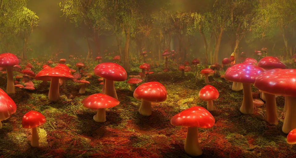 Prompt: A hyperrealistic photo of a kaleidoscopic mushroom forest, with glowing mushrooms, and pixies, 8k, ultra detailed, volumetric lighting, 70mm