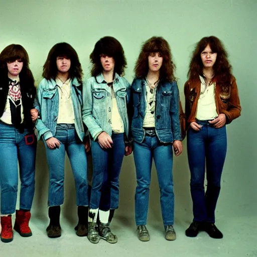 Prompt: group of 1 9 - year - old girls with shaggy wavy hair, wearing double denim, proto - metal band promo, heavy rock band promo photo, 1 9 7 5 photo