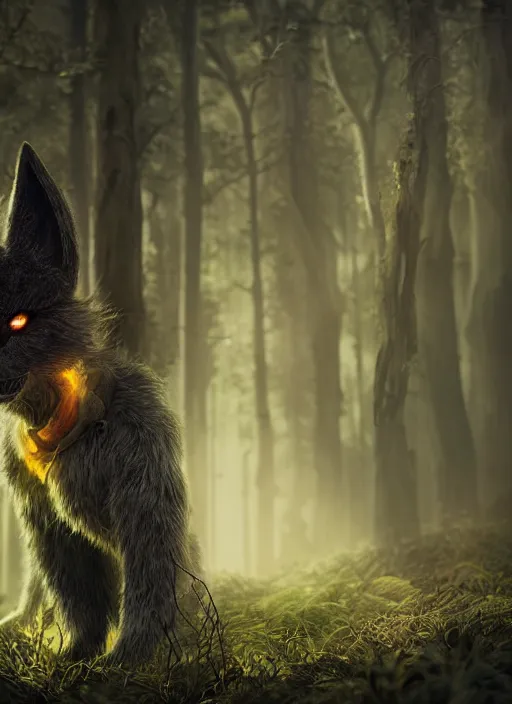 Image similar to a ominous furry creature with long twisted ears standing in a forest, big yellow glowing eyes, dark fantasy, michael kutsche, concept render, cinematic lighting