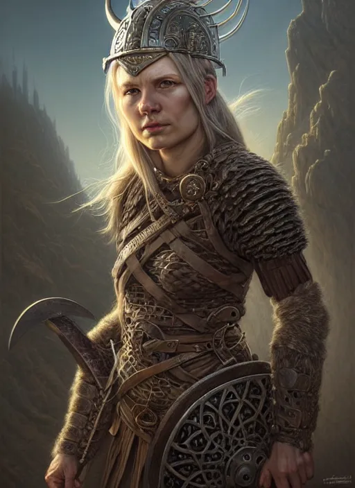 Image similar to closeup portrait shot of a female viking warrior in a scenic dystopian environment, intricate, elegant, highly detailed, centered, digital painting, artstation, concept art, smooth, sharp focus, illustration, artgerm, tomasz alen kopera, peter mohrbacher, donato giancola, joseph christian leyendecker, wlop, boris vallejo