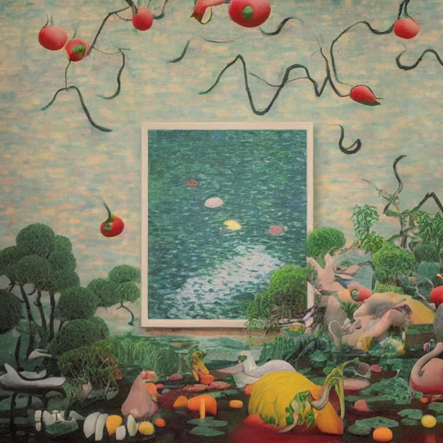 Prompt: painting of flood waters inside an art gallery, female emo art student, a river flooding indoors, pomegranates, pigs, ikebana, water, octopus, river, rapids, waterfall, black swans, canoe, berries, acrylic on canvas, surrealist, by magritte and monet