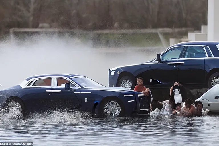 Image similar to A group of teenagers are behind a Rolls-Royce holding him by the boot and pushing him into a white lake from a small slide