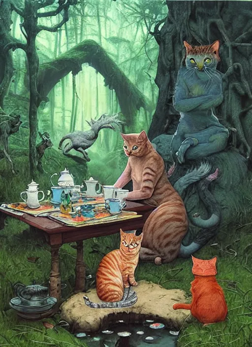 Image similar to cat having tea with a sorceress at a shrine in the woods by a stream, river gorgeous lighting, lush forest foliage blue sky a hyper realistic painting by chiara bautista and beksinski and norman rockwell and greg rutkowski weta studio, and lucasfilm