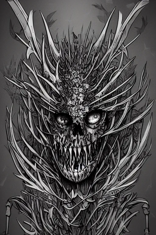 Image similar to a thistle skeleton hybrid monster, highly detailed, digital art, sharp focus, trending on art station, artichoke, anime art style