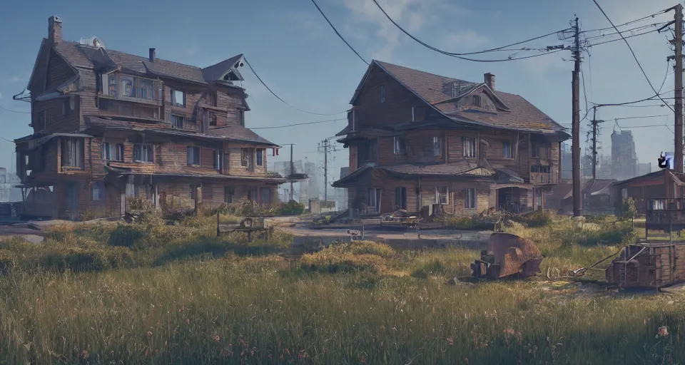 Image similar to obsolescence of home , realistic rendering, sunny day, unreal engine, 4k, hdr, high dynamic range, f12, simon stalenhag