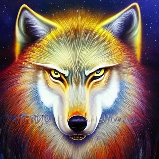 Image similar to enlightened spirit wolf teacher by MICHAEL DIVINE and by AMANDA SAGE in the style of oil painting visionary art, trending on artstation, very coherent symmetrical artwork, oil painting