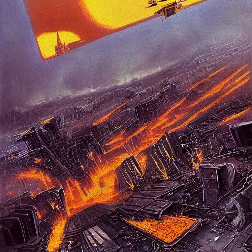 Image similar to A beautiful digital art of a city in ruins. The dominant colors are yellows, oranges and reds, giving the impression of a fiery, destroyed landscape. In the center of the image is a large, looming spaceship, adding to the feeling of unease and despair. platinum, double exposure by Paul Fusco, by J.C. Leyendecker tired, dull