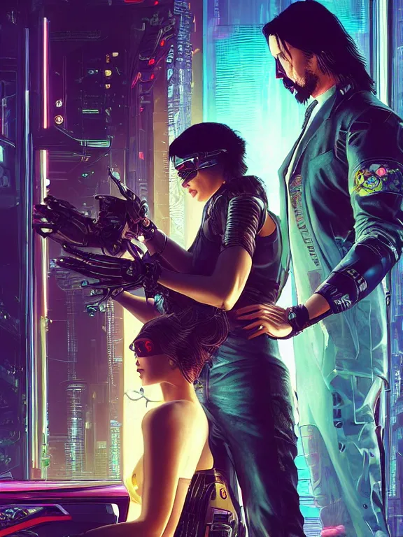 Image similar to a cyberpunk 2077 couple portrait of Keanu Reeves and V ,love story , lots of electric cable behind them connected to giant computer,film lighting,by laurie greasley,Lawrence Alma-Tadema,William Morris,Dan Mumford,trending on atrstation,FAN ART,full of color,Digital painting,highly detailed,8K, octane,golden ratio,cinematic lighting