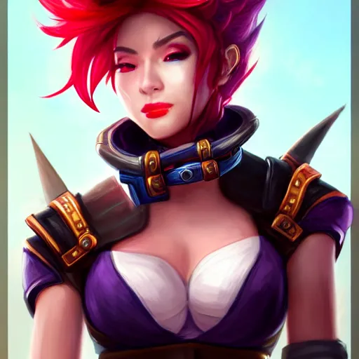 Image similar to portrait of Vi from League of Legends, by Fortiche Studio, from Netflix's Arcane, trending on artstation,fine details, realistic shaded, fine-face, Steampunk city on the background, red hair, steampunk metal boxing gloves on hands, painted texture, pretty face,by Artgerm