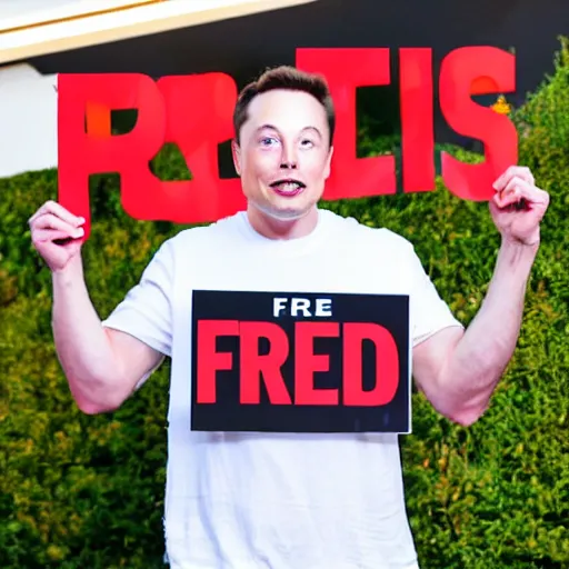 Image similar to Elon Musk holding a sign saying Free Hotdogs, highly detailed, high quality, HD, 4k, 8k, Canon 300mm, professional photographer, 40mp, lifelike, top-rated, award winning, realistic, sharp, no blur, edited, corrected, trending