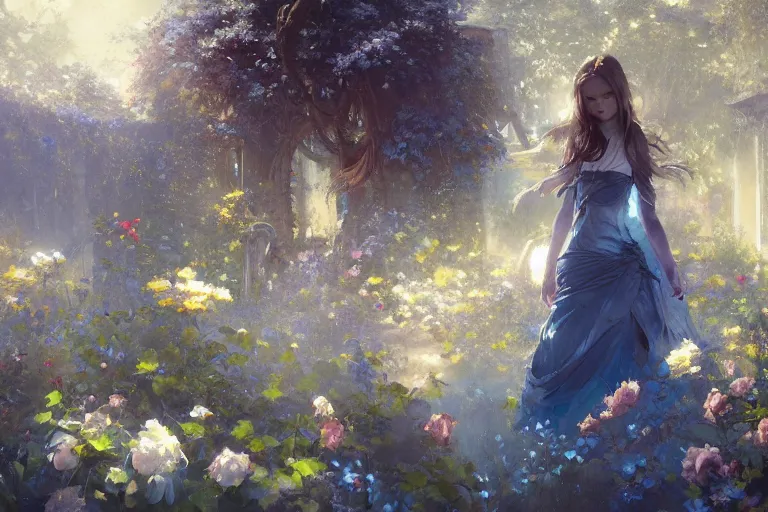 Image similar to a beautiful painting of blue roses garden, girl, by greg rutkowski, trending on artstation