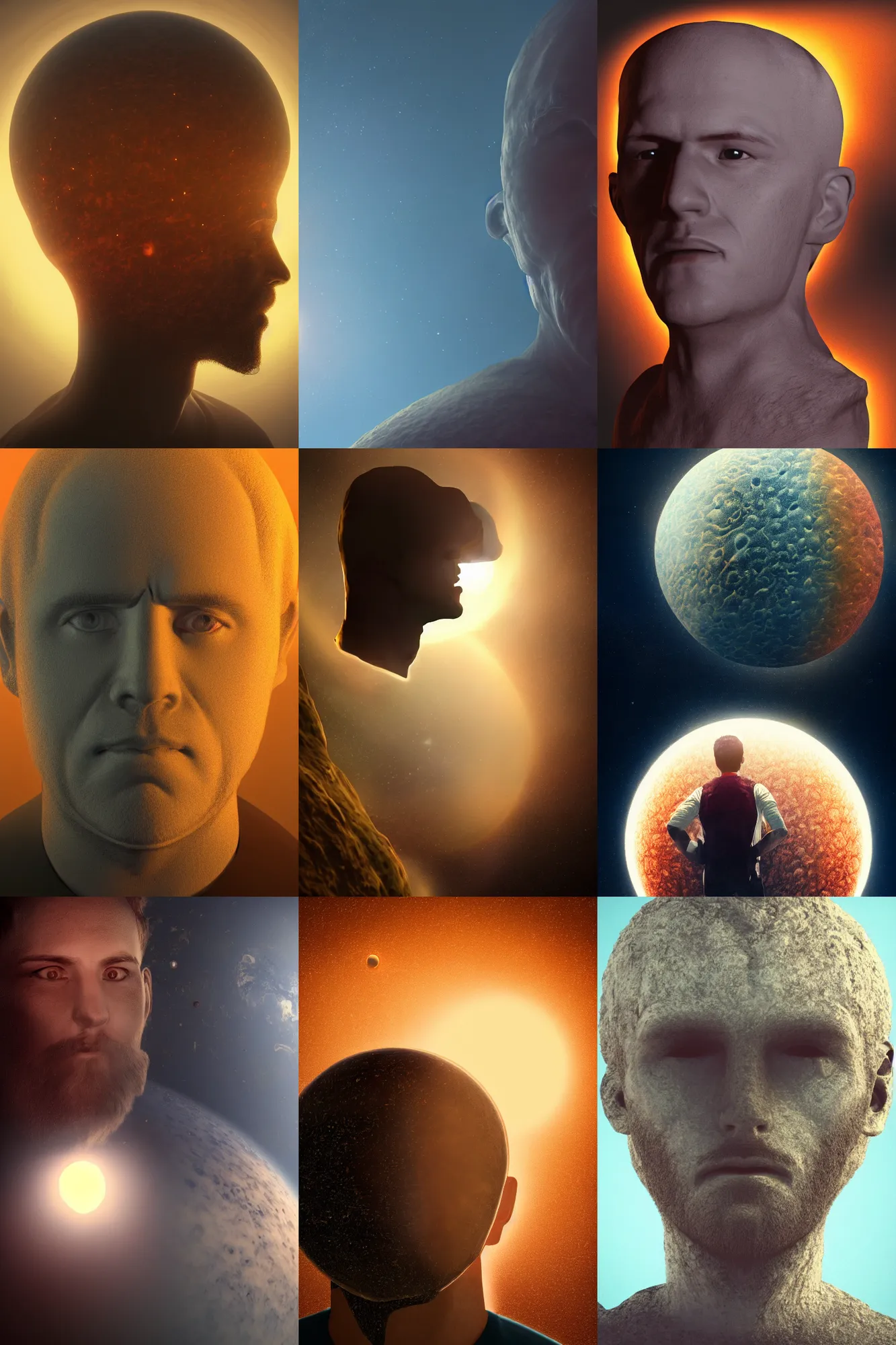 Prompt: A self portrait of a man with a head made of planet Jupiter, backlight, volumetric lighting, detailed, trending on artstation