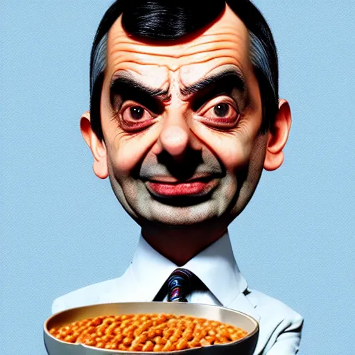 Image similar to mr bean is fused into a bowl of baked beans, artstation, cgsociety, 8 k