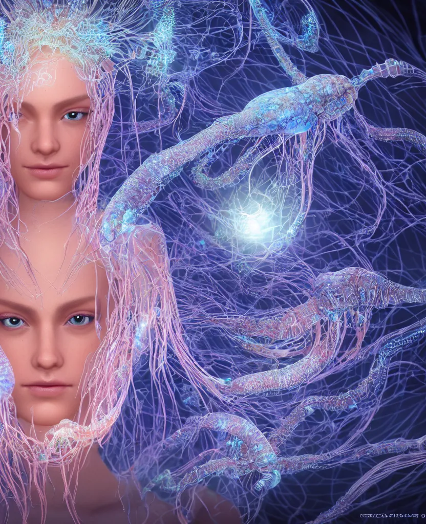 Image similar to close-up macro portrait of the face of a beautiful princess, epic angle and pose, symmetrical artwork, 3d with depth of field, blurred background, cybernetic jellyfish female face skull phoenix bird, translucent, nautilus, energy flows of water and fire. a highly detailed epic cinematic concept art CG render. made in Maya, Blender and Photoshop, octane render, excellent composition, cinematic dystopian brutalist atmosphere, dynamic dramatic cinematic lighting, aesthetic, very inspirational, arthouse. y Greg Rutkowski, Ilya Kuvshinov, WLOP, Stanley Artgerm Lau, Ruan Jia and Fenghua Zhong