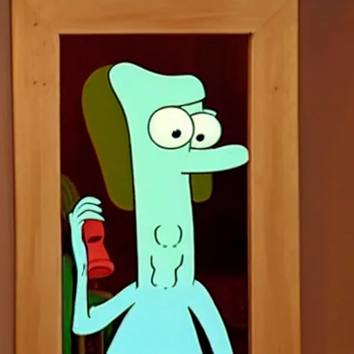 Prompt: man looking into a mirror, his reflection is not there, squidward is in the mirror, photograph