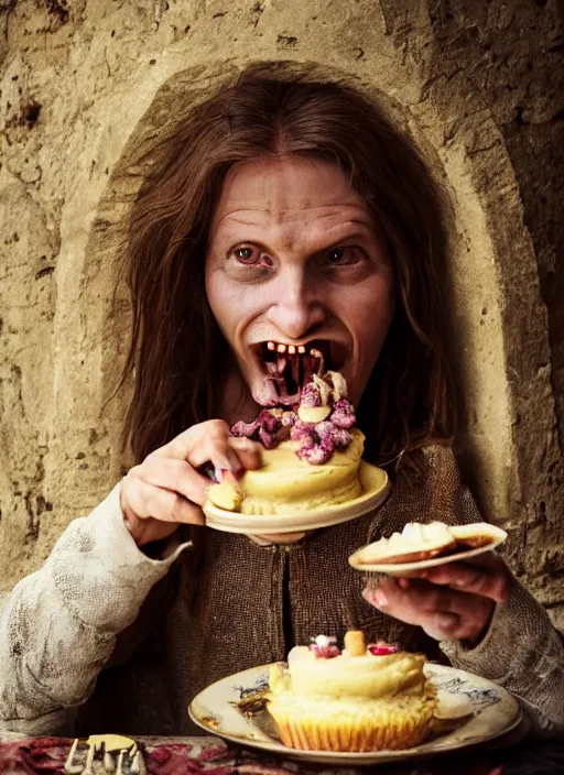 Image similar to closeup portrait of a medieval goblin eating cakes in the cloisters, depth of field, zeiss lens, detailed, symmetrical, centered, fashion photoshoot, by Annie Leibovitz and Steve McCurry, David Lazar, Jimmy Nelsson, Breathtaking, 8k resolution, extremely detailed, beautiful, establishing shot, artistic, hyperrealistic, beautiful face, octane render