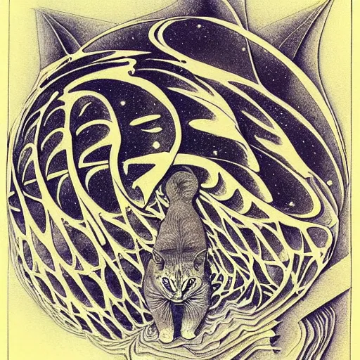 Image similar to cat as a fractal distortion, lithograph, watercolors, ink, M.C. Escher, moebius