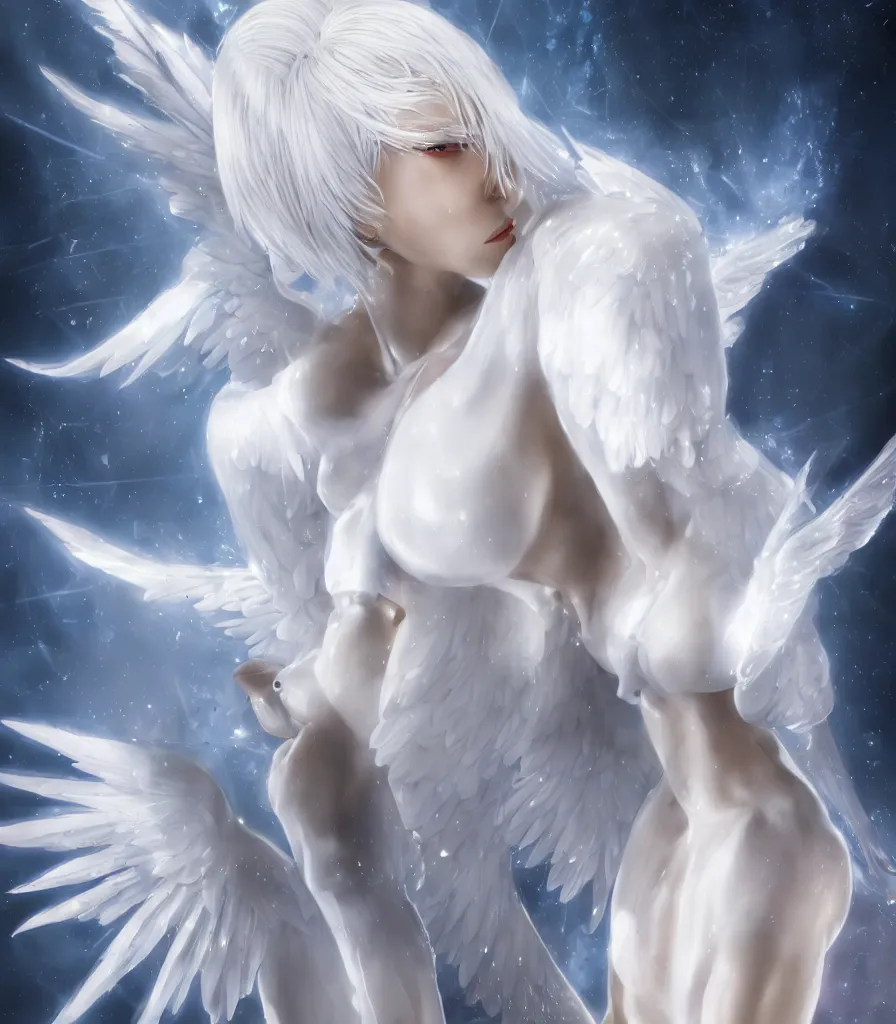 Image similar to perfect white - haired attractive egyptian goddess with large white dove wings, android body, beautiful, symmetric, dreamy, pretty face, blue eyes, detailed, scifi platform, laboratory, experiment, 4 k, ultra realistic, epic lighting, illuminated, cinematic, masterpiece, art by akihito tsukushi, voidstar