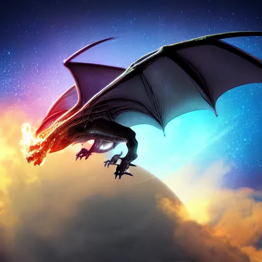 Image similar to dragon flying in space, glowing galaxy in the background, cinematic, detailed, clean, realistic