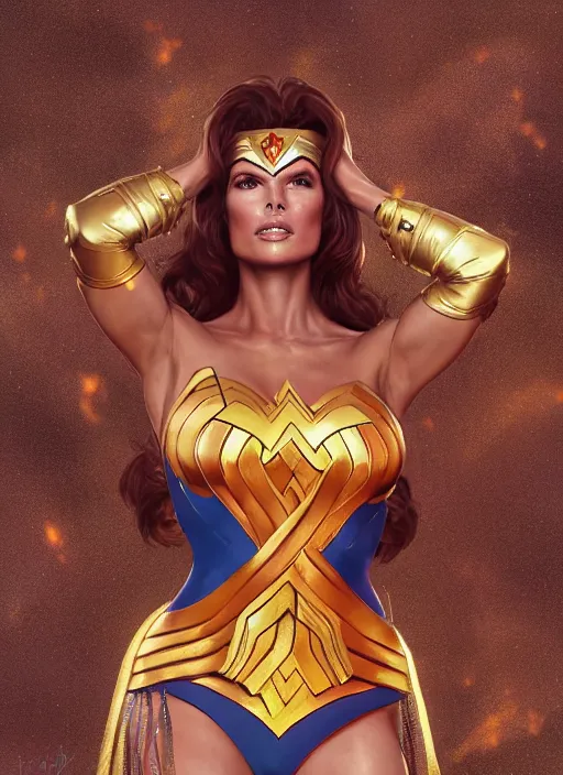 Image similar to portrait of raquel welch as a wonder woman, hyper detailed, digital art, trending in artstation, cinematic lighting, studio quality, smooth render, unreal engine 5 rendered, octane rendered, art style by klimt and nixeu and ian sprigger and wlop and krenz cushart.