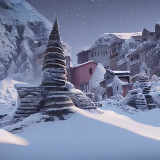 Image similar to a snowy village on mars, 8 k, highly detailed, unreal engine render