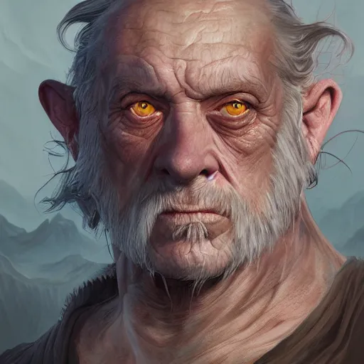 Image similar to a detailed matte head - on portrait painting of an ugly old hobbit man, with a large scar and missing teeth portrait by charlie bowater, lise deharme, wlop, tending on arstation, dungeons and dragon, dnd, pathfinder, fanart, oil on canvas