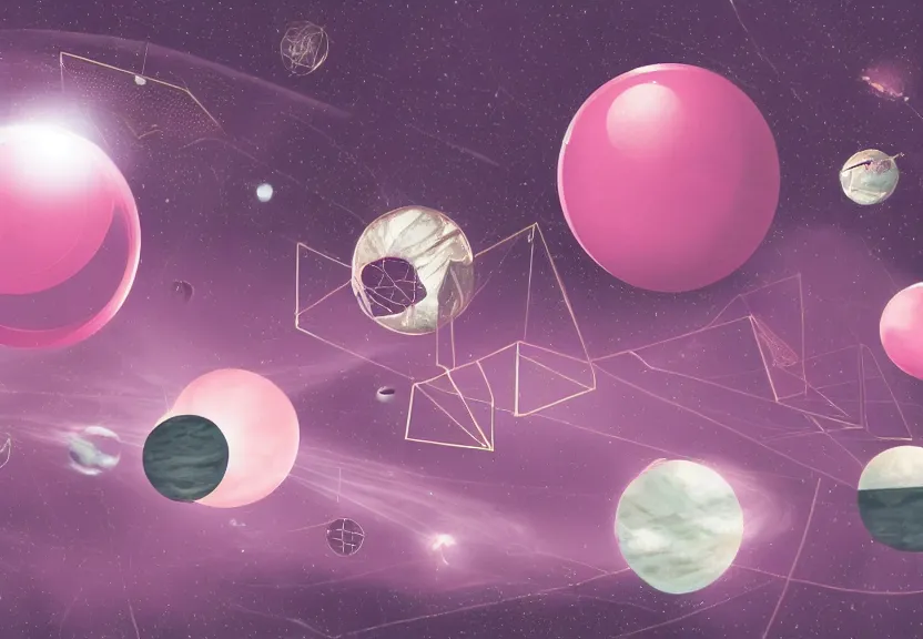 Prompt: 1990s grainy print of an illustration of celestial intersecting translucent pink spheres cubes and pyramids floating in space, dusty, with flying business people wearing suits and briefcases