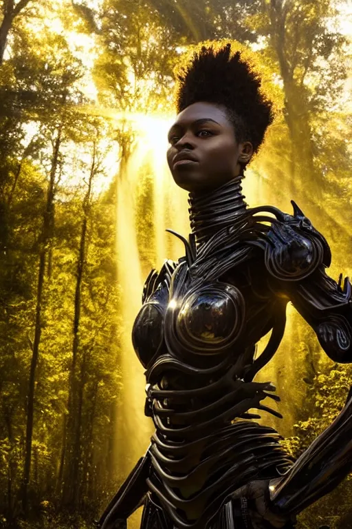 Image similar to hyperrealistic very beautiful black woman, highly detailed exoskeleton armor in a forest, sun behind her soft god rays, concept art eric zener elson peter, dramatic light low angle hd 8k sharp focus