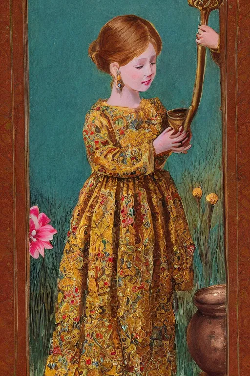 Image similar to girl waer detailed golden arabesque dress with a lot of narcissus in persian pot, miniature painting