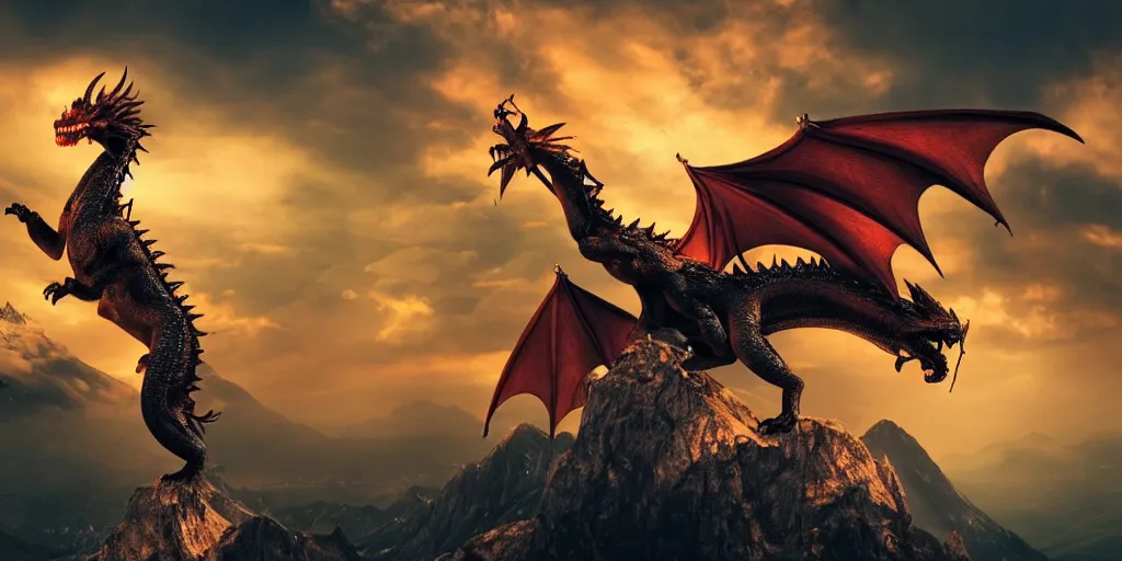 Image similar to A dragon breathing fire on the top of a mountain, epic wings half open, epic composition, detailed and intricate image, cinematic, 4K