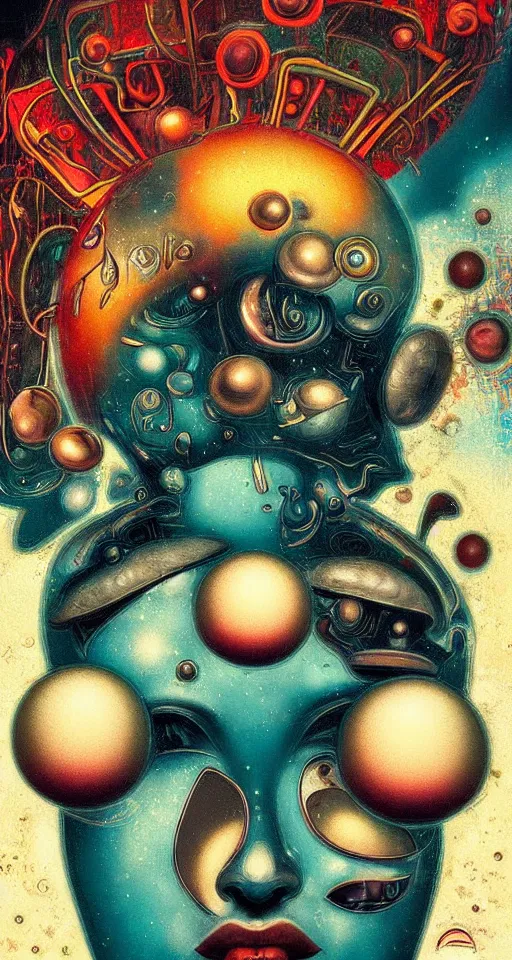 Image similar to art deco close up portait of mushroom head surrounded by spheres, like a dream digital painting cinematic dramatic fluid lines otherworldly vaporwave interesting details rule of thirds epic composition by artgerm basquiat