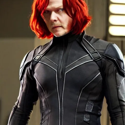 Image similar to Norman Reedus as Black Widow from The Avengers, cinematic photo