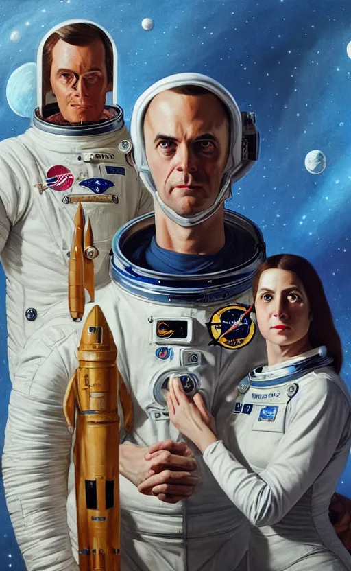 Image similar to super super super epic cinematic shot of an astronaut couple, American Gothic style, 8k scene, digital art, drawn by j.c. leyendecker, amazing quality