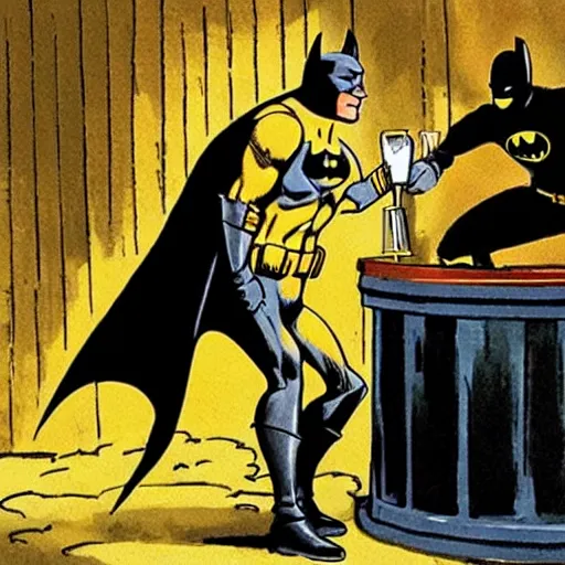 Image similar to batman pouring a pint for a horse aggressively