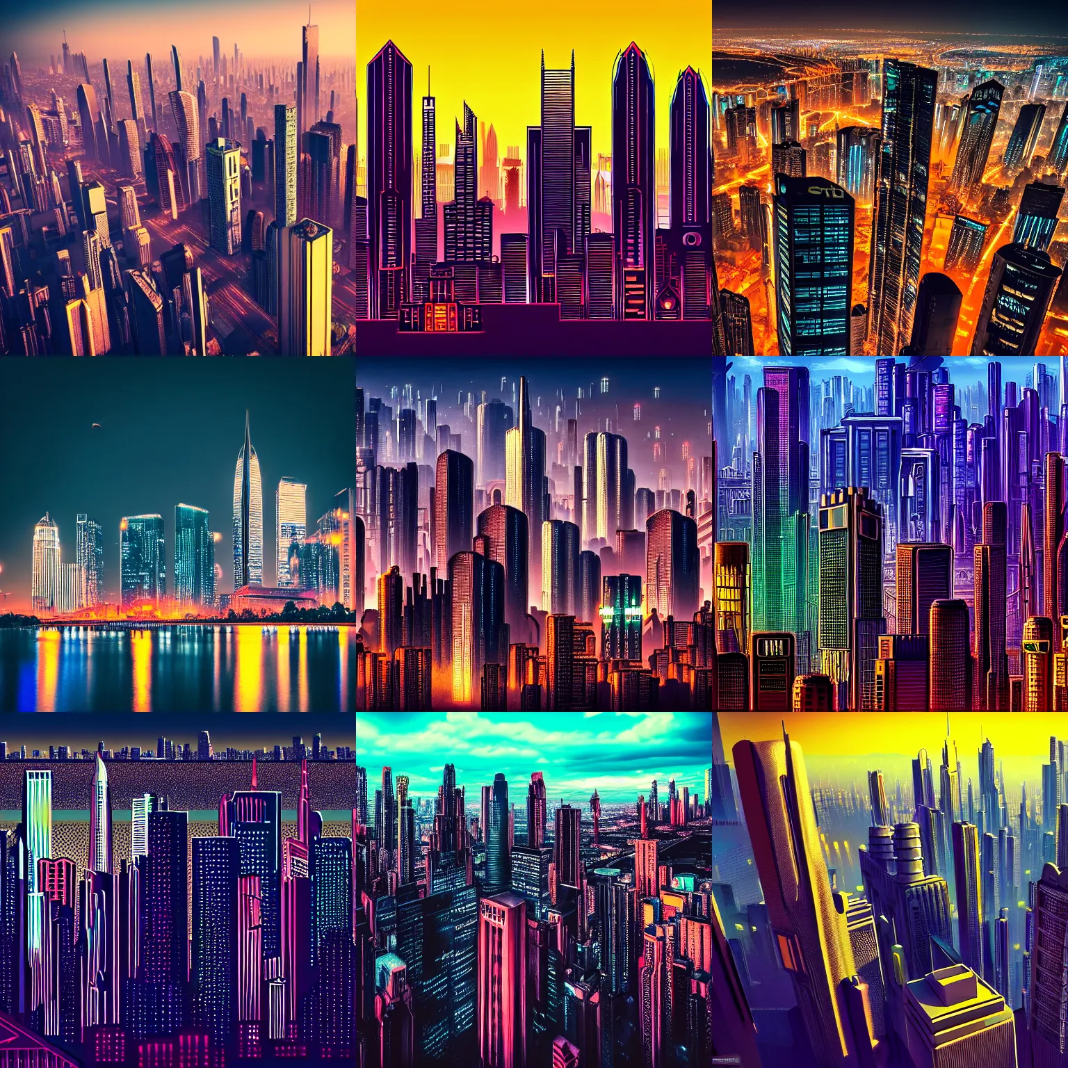 Prompt: detailed photo of a beautiful skyline with cyberpunk Art Deco buildings, parks and monuments