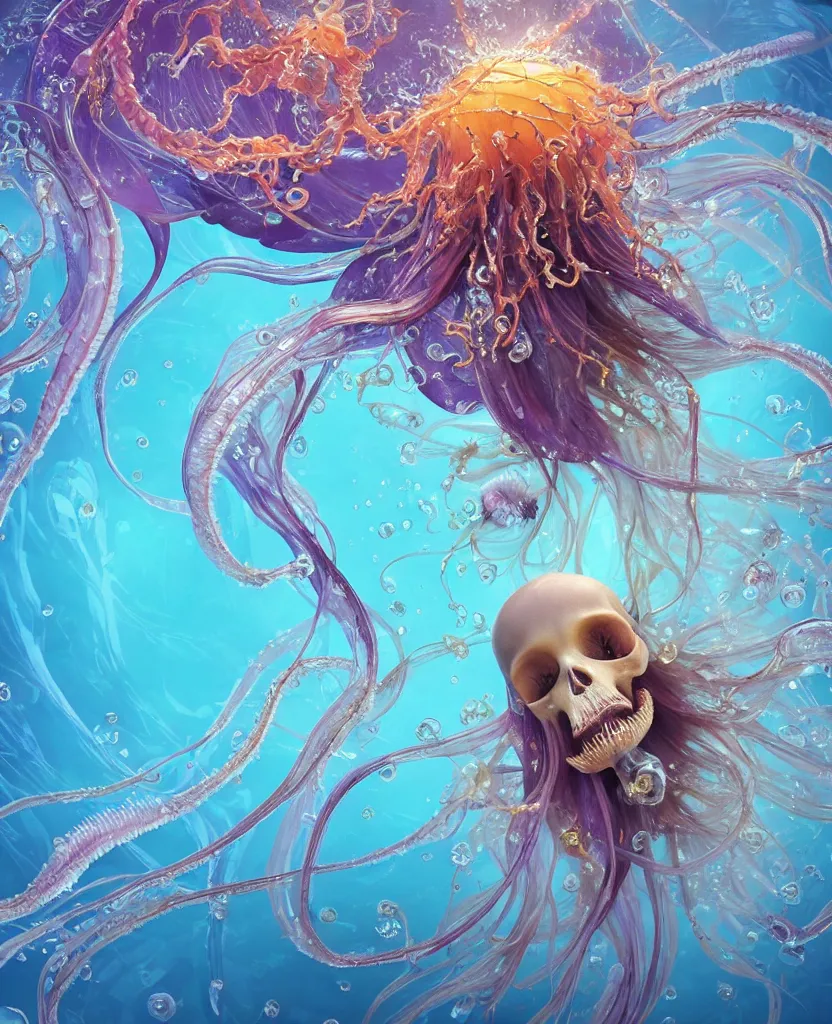 Image similar to close-up portrait of the face of a beautiful princess, surrounded by intricate twisted flowers orchid jellyfish and energy flow, water and plasma flow splashes, epic angle and pose, symmetrical artwork, 3d with depth of field, blurred background, floating jellyfish skull phoenix bird, translucent, nautilus, energy flows of water and fire. a highly detailed epic cinematic concept art CG render. made in Maya, Blender and Photoshop, octane render, excellent composition, cinematic dystopian brutalist atmosphere, dynamic dramatic cinematic lighting, aesthetic, very inspirational, arthouse. y Greg Rutkowski, Ilya Kuvshinov, WLOP, Stanley Artgerm Lau, Ruan Jia and Fenghua Zhong