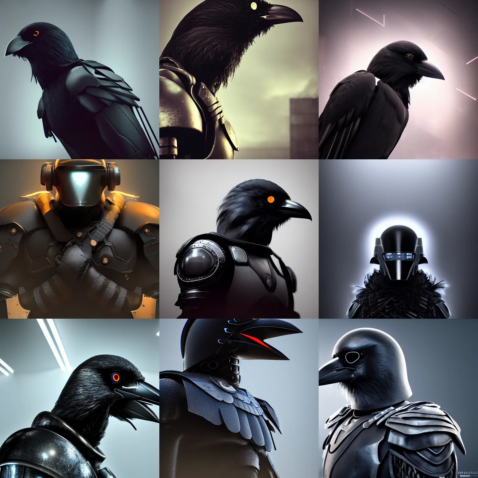 Prompt: crow in cyber armour, ( portrait ), digital art, studio, realistic reflections, ominous lighting, octane render