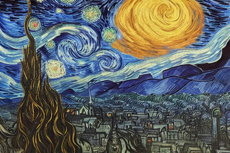 Prompt: man is seeing old god eldritch horror cthulhu terrifying the night sky of a city, epic scene oil painting hyper - detailed gigantic cthulhu, realistic dark - art painted by van gogh