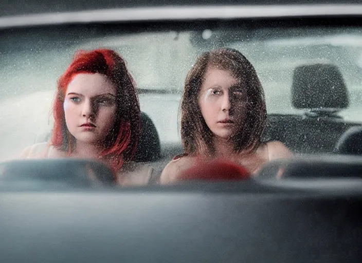 Image similar to A very high resolution image from a new movie, inside of a car, teen red hair woman, raining, hot, directed by wes anderson