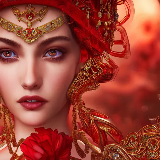 Prompt: wonderful princess with smooth fair skin, alluring eyes, red eyeshadow, red jewelry, breathtaking, elegant, intricate, ornate backdrop, hyper detailed, accent lighting, 4 k photography, octane render