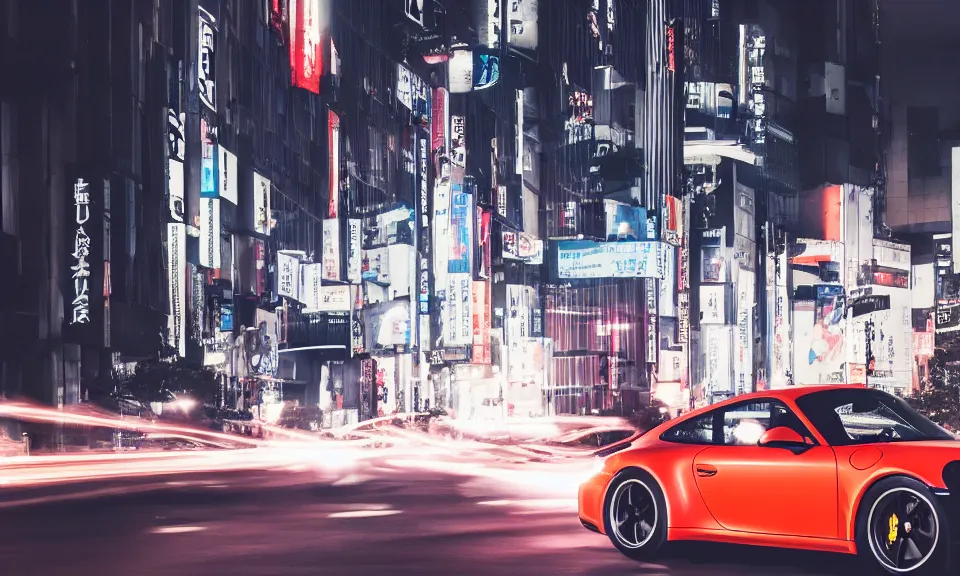 Prompt: photo of a porsche 911 at night drifting through a city, cinematic, 4k, long exposure photography, tokyo drift, fast and furious, film still, night photography, motion blur, lens flare, movie shot, light trail, distortion, wide angle, reflections