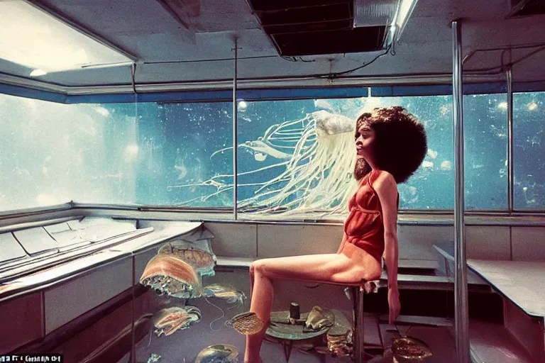 Prompt: high-angle view of a female jellyfish human hybrid wearing shiny discowear sitting inside of an unlit 1970s underwater A-frame house with a soviet computer console on the wall, a glass floor that shows an exterior of newyork subway station, ektachrome photograph, volumetric lighting, f8 aperture