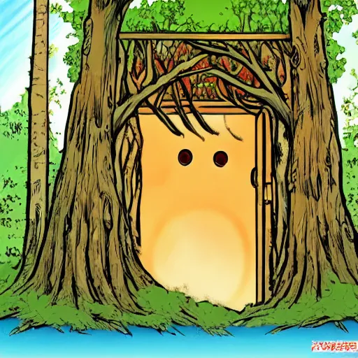 Prompt: A manga illustration of a forest with an open door that is a portal to a Japanese restaurant