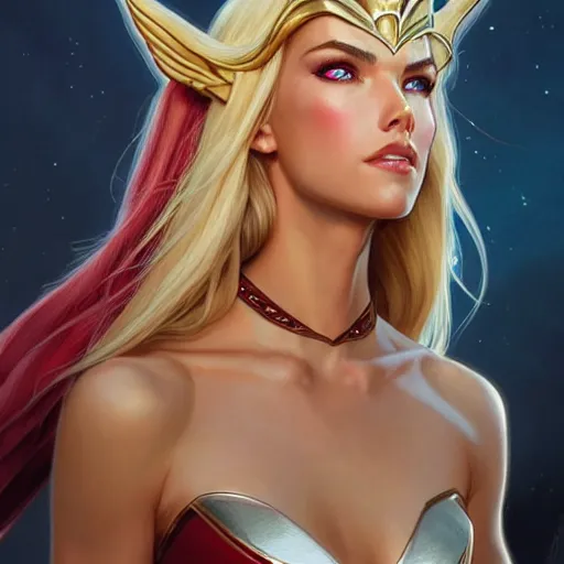 Prompt: Odette Annable with blonde hair as She-Ra, western, D&D, fantasy, intricate, elegant, highly detailed, digital painting, artstation, concept art, matte, sharp focus, illustration, art by Artgerm and Greg Rutkowski and Alphonse Mucha