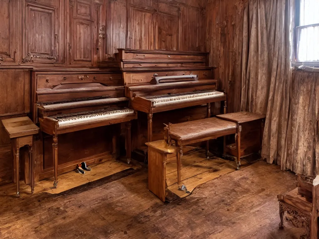 Image similar to room with old wooden piano in it, 8 k, highly detailed, amazing quality, photographic masterpiece