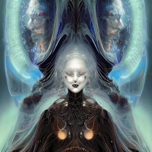 Prompt: a portrait of gemini light and dark neon cloaked grim reaper character portrait made of fractals facing each other, ultra realistic, wide angle, intricate details, the fifth element artifacts, highly detailed by peter mohrbacher, hajime sorayama, wayne barlowe, boris vallejo, aaron horkey, gaston bussiere, craig mullins